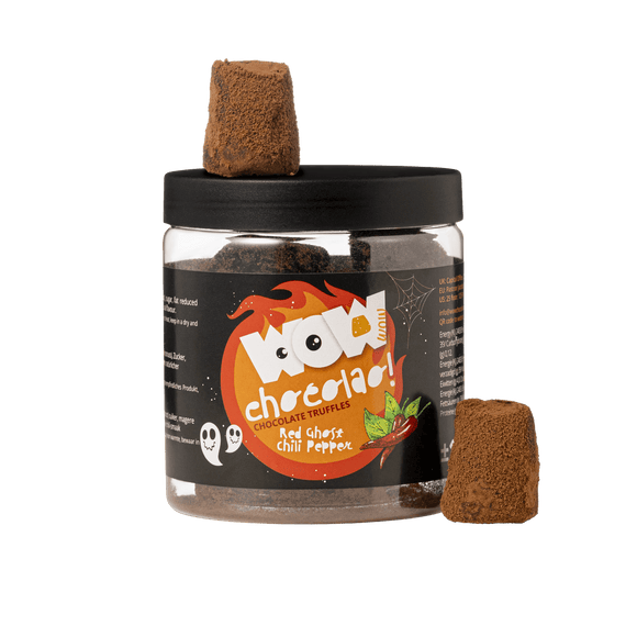 Red Ghost Chili Peppers Truffles Gift Jar 130g | Spicy Halloween Chocolate - WOW Chocolao!